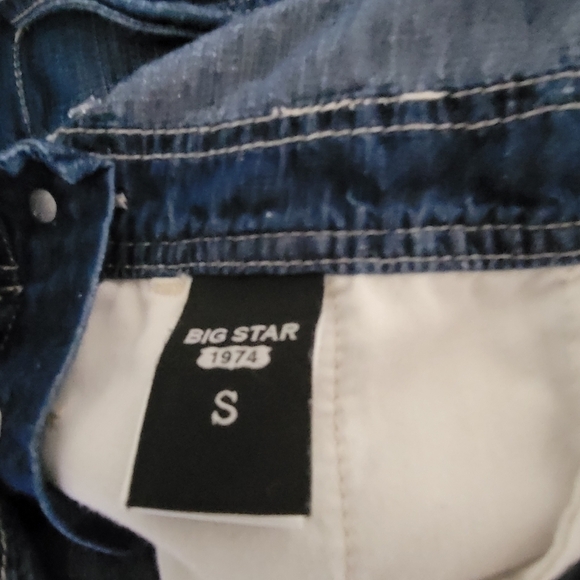 Big Star 1874 Short Denim Overalls Sz S Romper Linen Pockets Y2K 90s - Picture 10 of 12